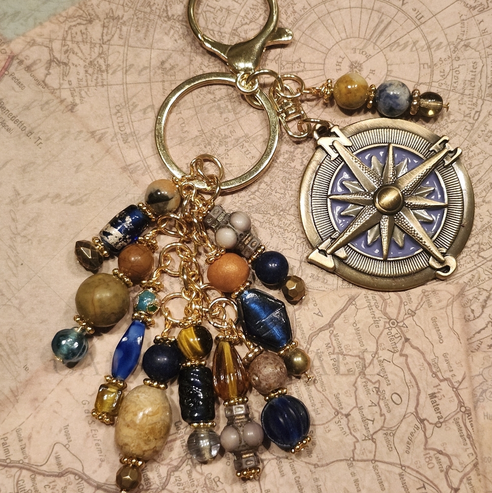 Nautical Compass Purse Charm or Keychain Jasper Agate Handcrafted